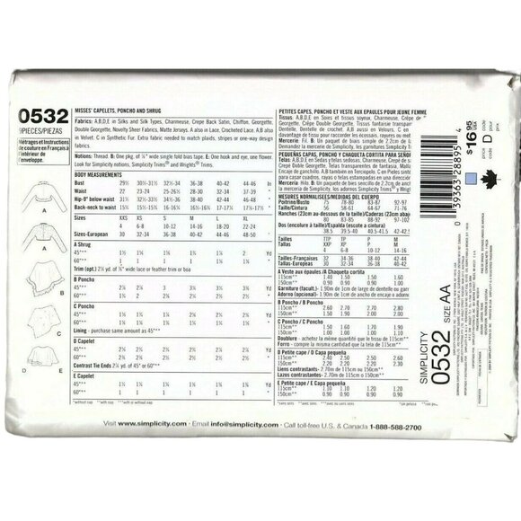Simplicity 0532 Misses XXS to S Easy to Sew Capelet, Poncho and Shrug UNCUT - Picture 2 of 2